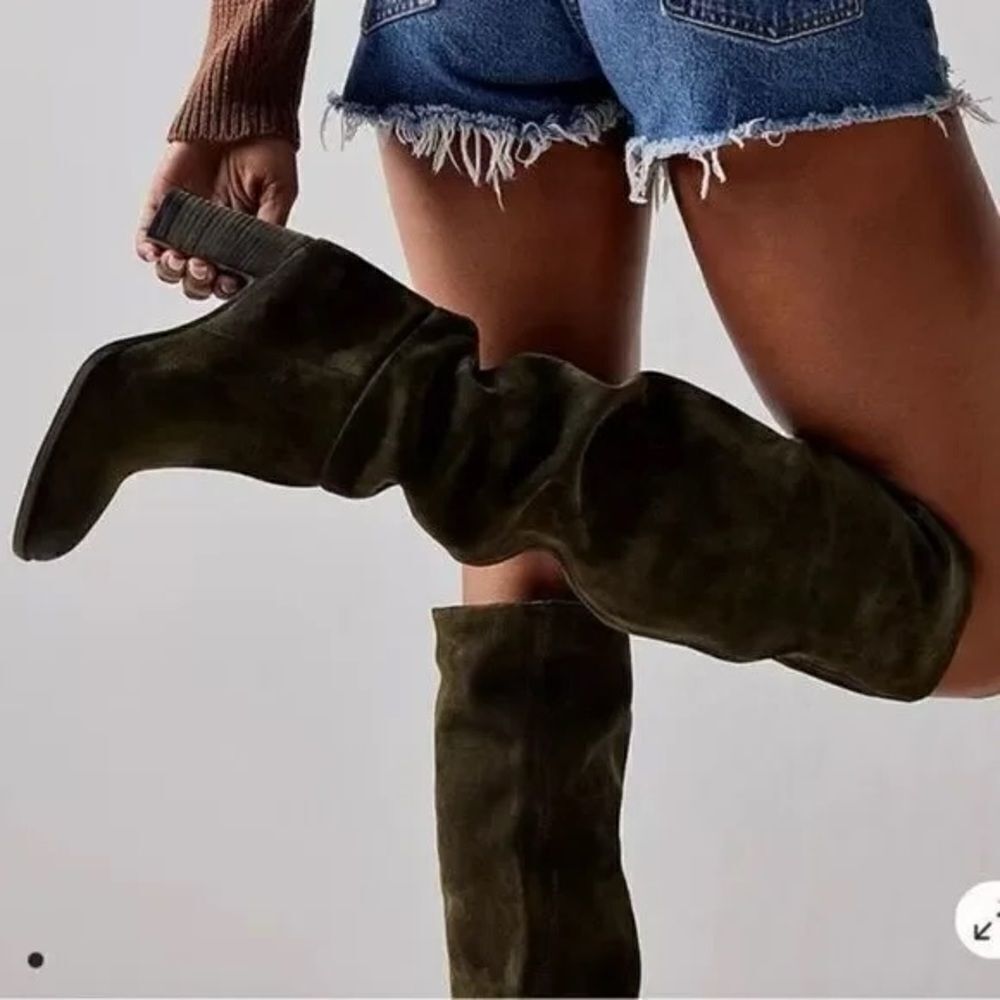 Free People Dakota Over the Knee Boots Olive Green Suede US 7.5